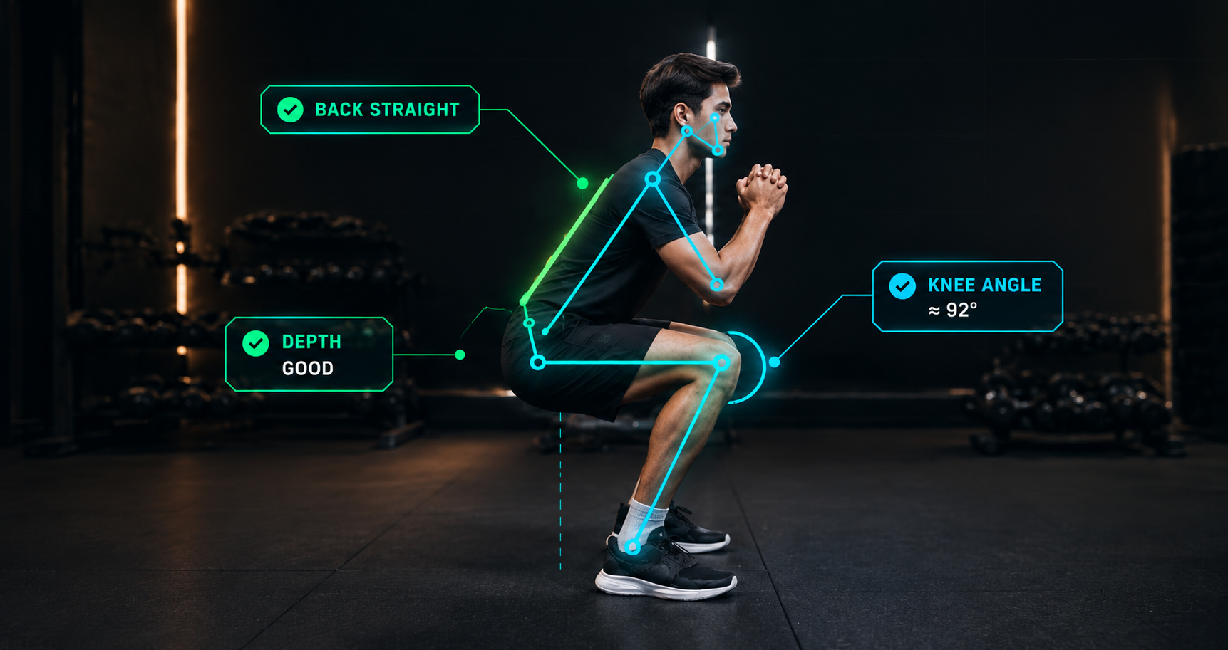 Squat pose detection showing back alignment, depth and knee angle analysis