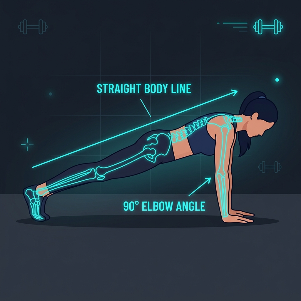 AI push-up analysis showing straight body line and elbow angle