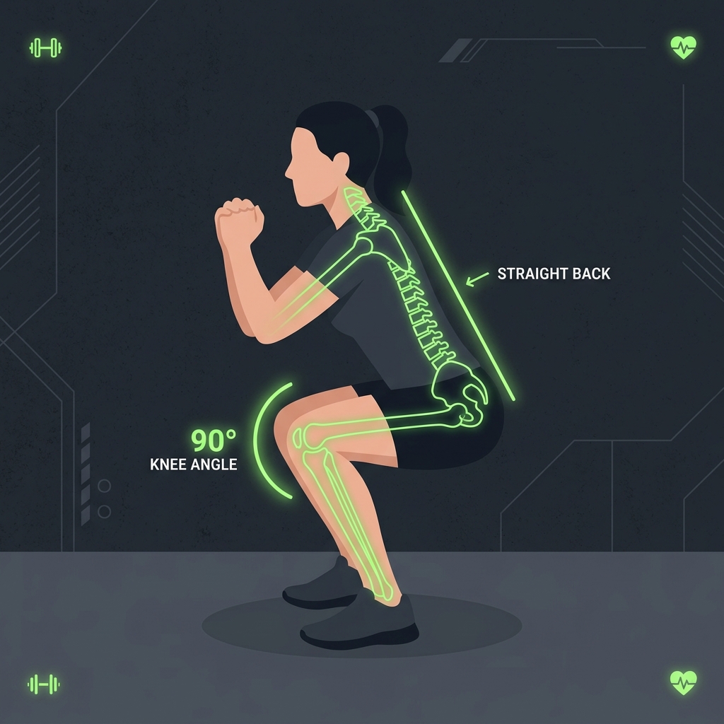 AI squat form analysis showing knee angle and straight back